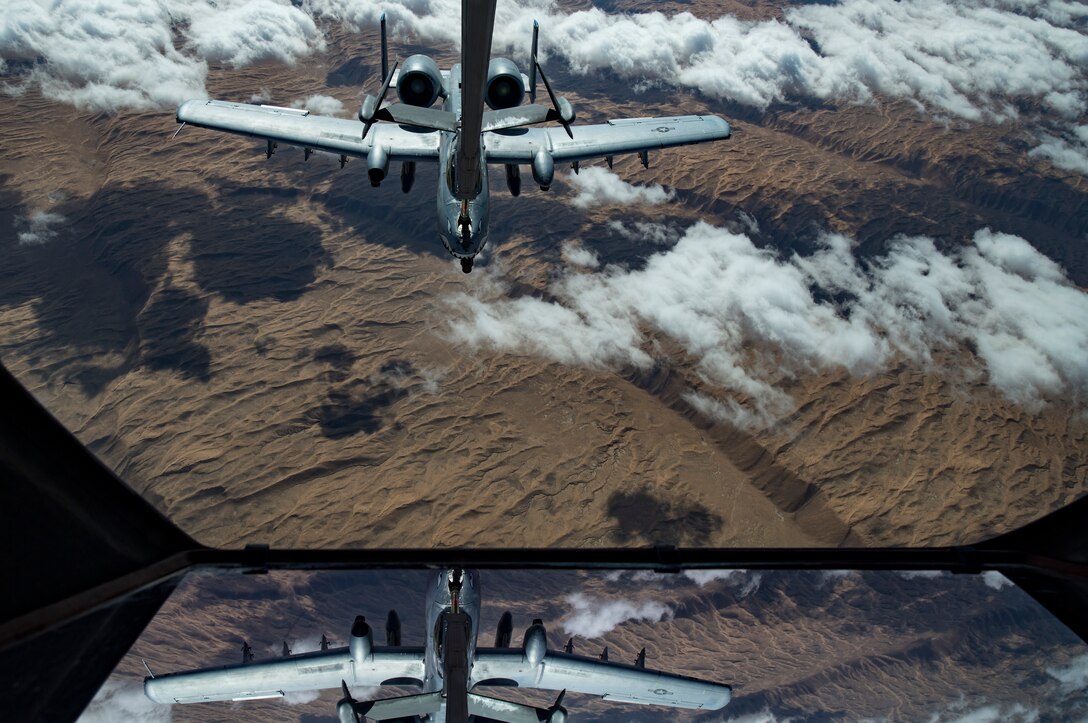 A U.S. Air Force A-10 Thunderbolt II receives fuel from a U.S. Air Force KC-10 assigned to the 908th Expeditionary Air Refueling Squadron, deployed to Al Dhafra Air Base, United Arab Emirates, above the U.S. Central Command area of responsibility, Jan. 17, 2020.