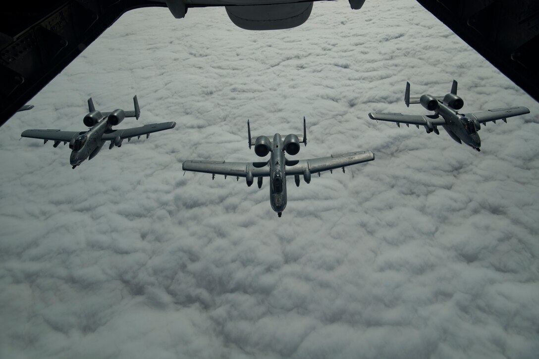 U.S. Air Force A-10 Thunderbolt IIs fly above the U.S. Central Command area of responsibility, Jan. 17, 2020.