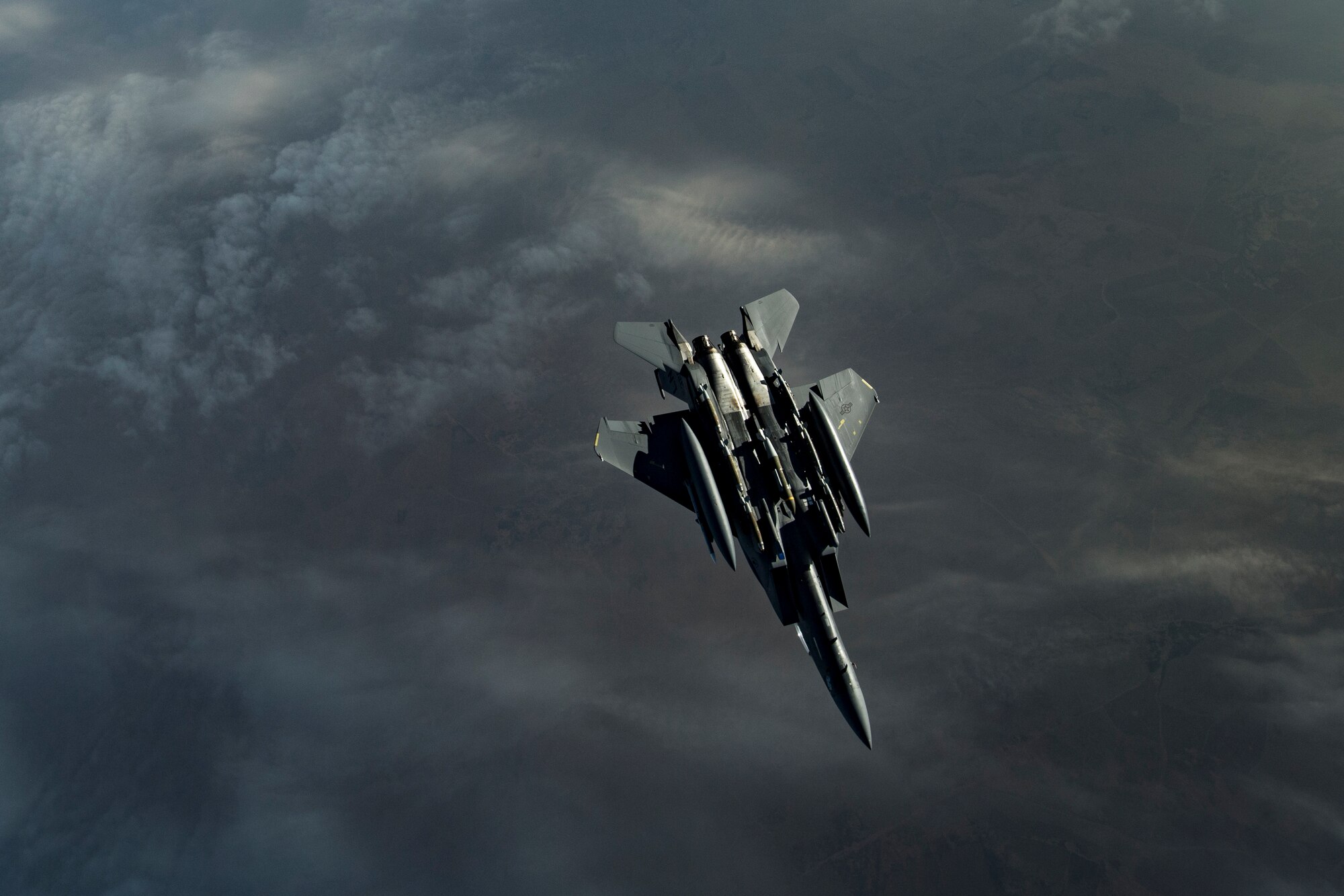 A U.S. Air Force F-15E Strike Eagle assigned to the 494th Expeditionary Fighter Squadron flies above the U.S. Central Command area of responsibility, Jan. 19, 2020.
