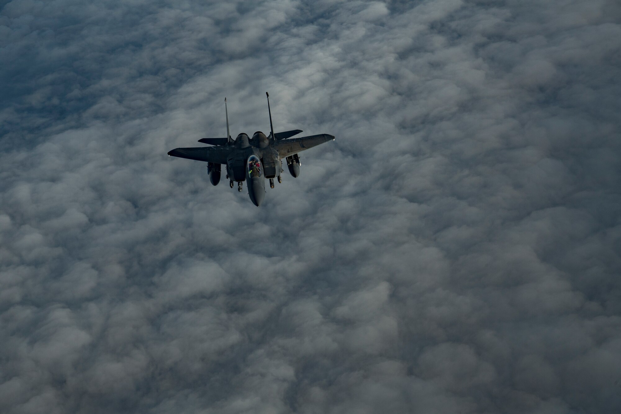 A U.S. Air Force F-15E Strike Eagle assigned to the 494th Expeditionary Fighter Squadron flies above the U.S. Central Command area of responsibility, Jan. 19, 2020.