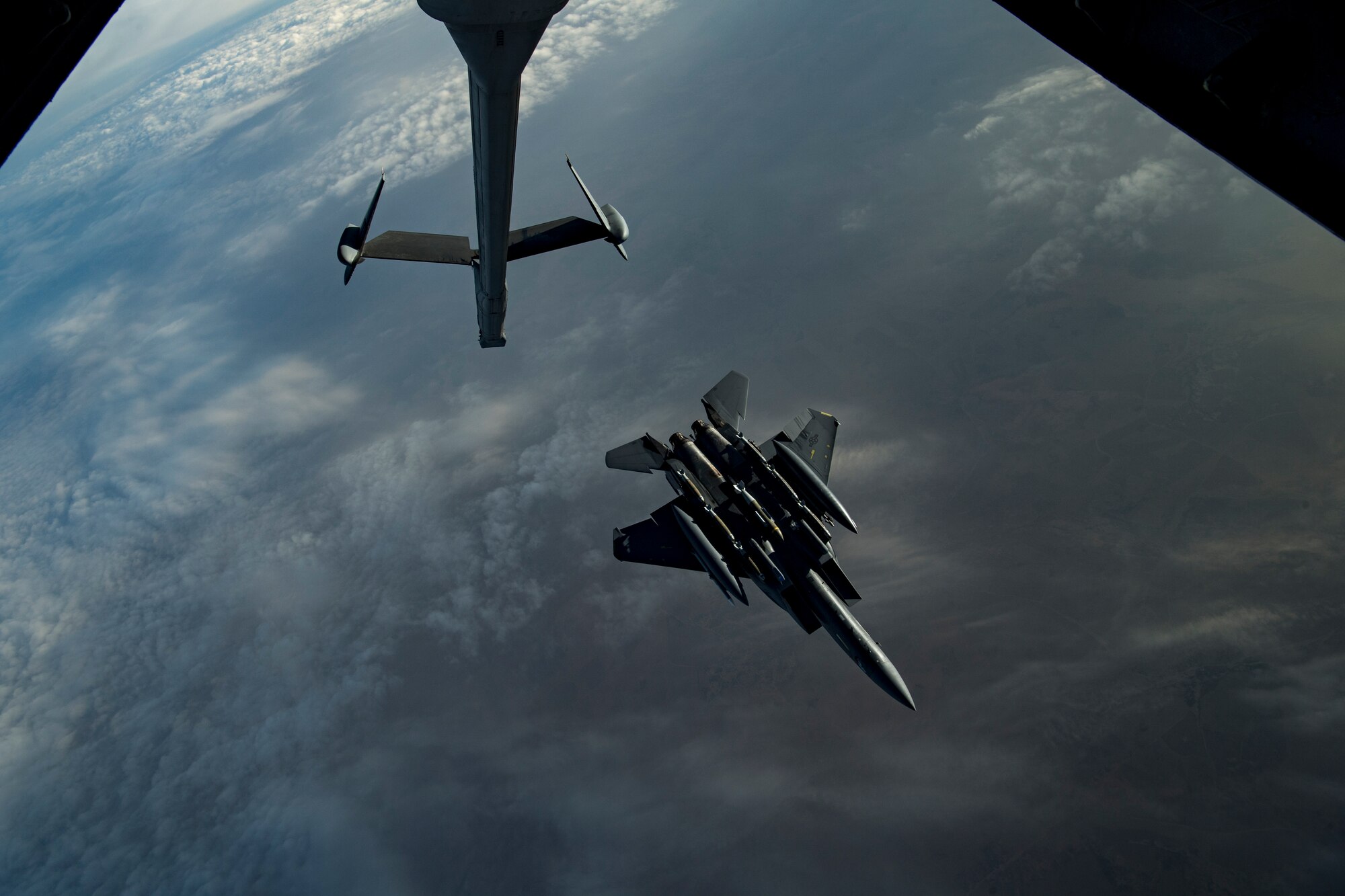 A U.S. Air Force F-15E Strike Eagle assigned to the 494th Expeditionary Fighter Squadron flies above the U.S. Central Command area of responsibility, Jan. 19, 2020.