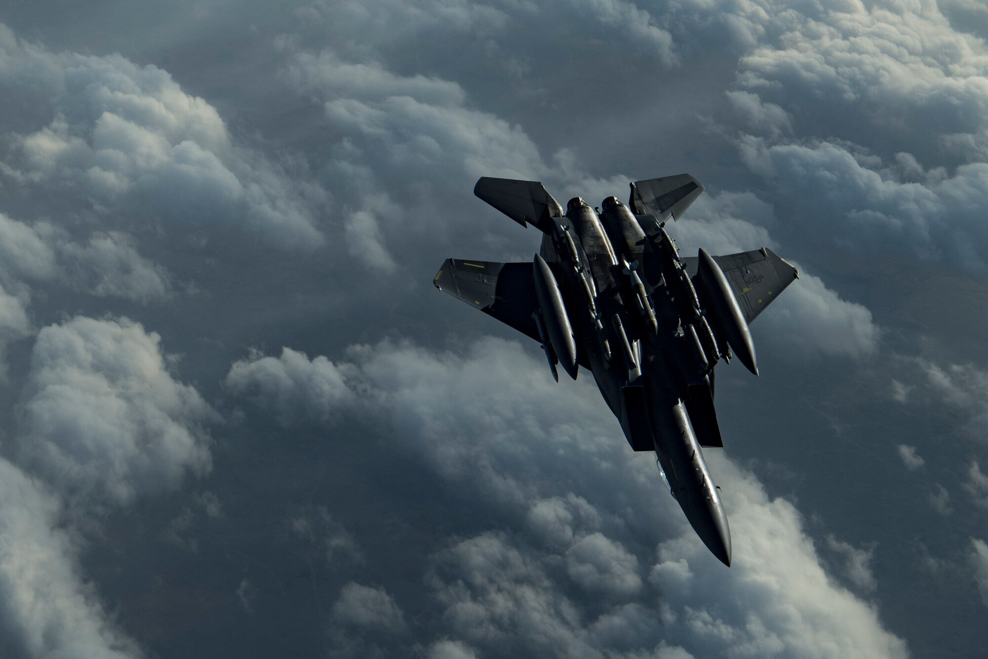 A U.S. Air Force F-15E Strike Eagle assigned to the 494th Expeditionary Fighter Squadron flies above the U.S. Central Command area of responsibility, Jan. 19, 2020.