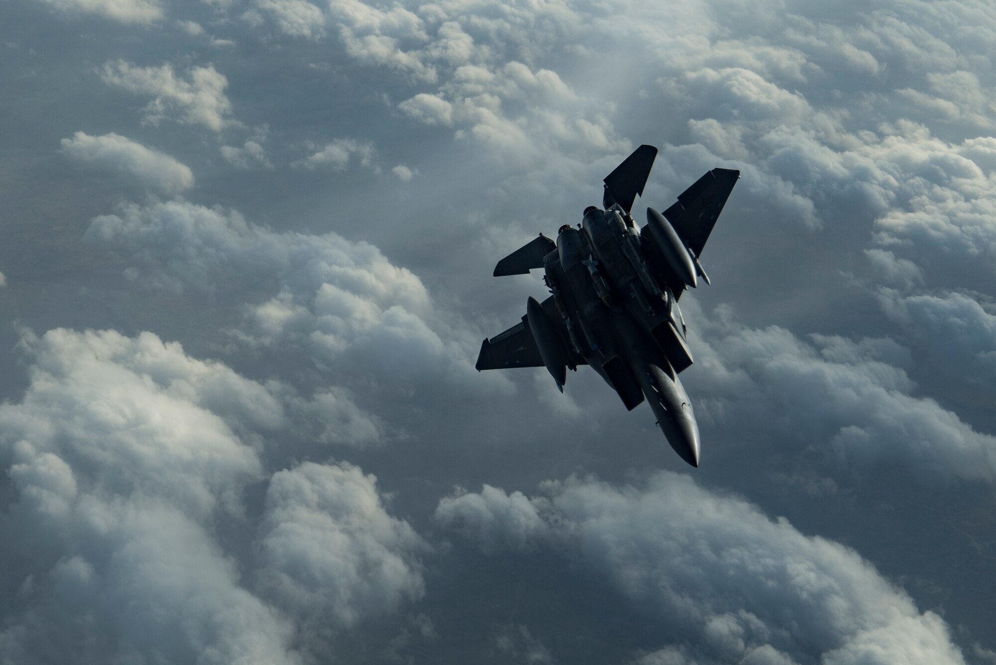 A U.S. Air Force F-15E Strike Eagle assigned to the 494th Expeditionary Fighter Squadron flies above the U.S. Central Command area of responsibility, Jan. 19, 2020.
