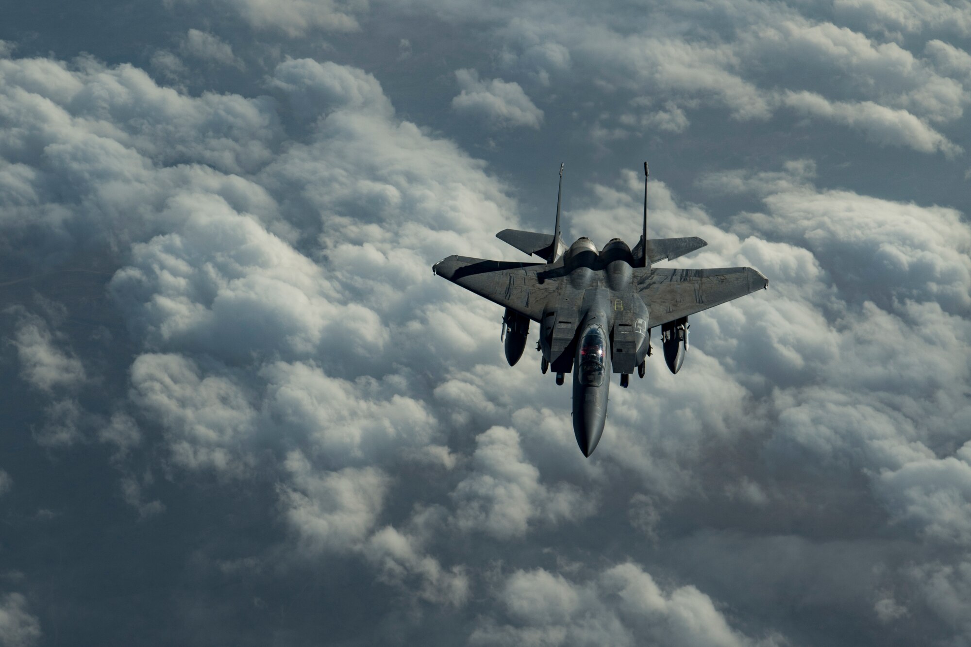 A U.S. Air Force F-15E Strike Eagle assigned to the 494th Expeditionary Fighter Squadron flies above the U.S. Central Command area of responsibility, Jan. 19, 2020.