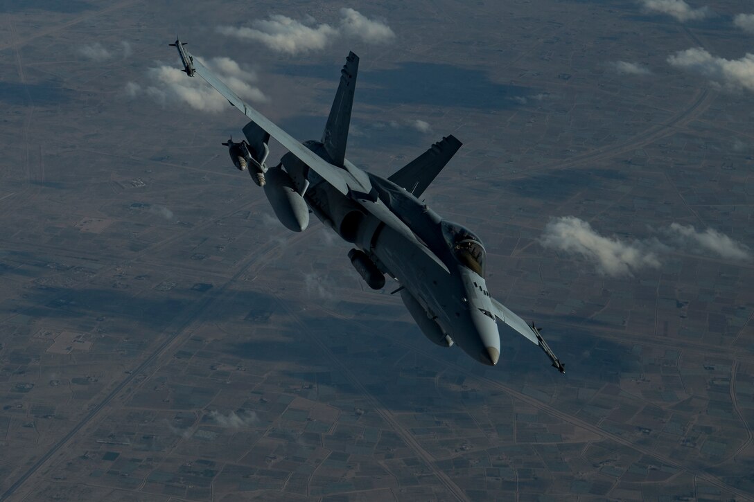 A U.S. Marine Corps F/A-18 Hornet assigned to Marine Fighter Attack Squadron (VMFA) 251 flies above the U.S. Central Command area of responsibility, Jan. 17, 2020.