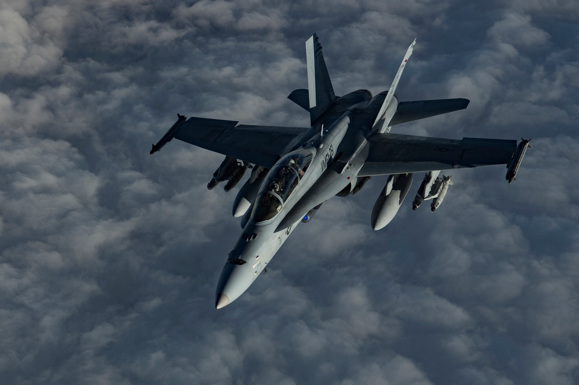 A U.S. Marine Corps F/A-18 Hornet assigned to Marine Fighter Attack Squadron (VMFA) 251 flies above the U.S. Central Command area of responsibility, Jan. 17, 2020.