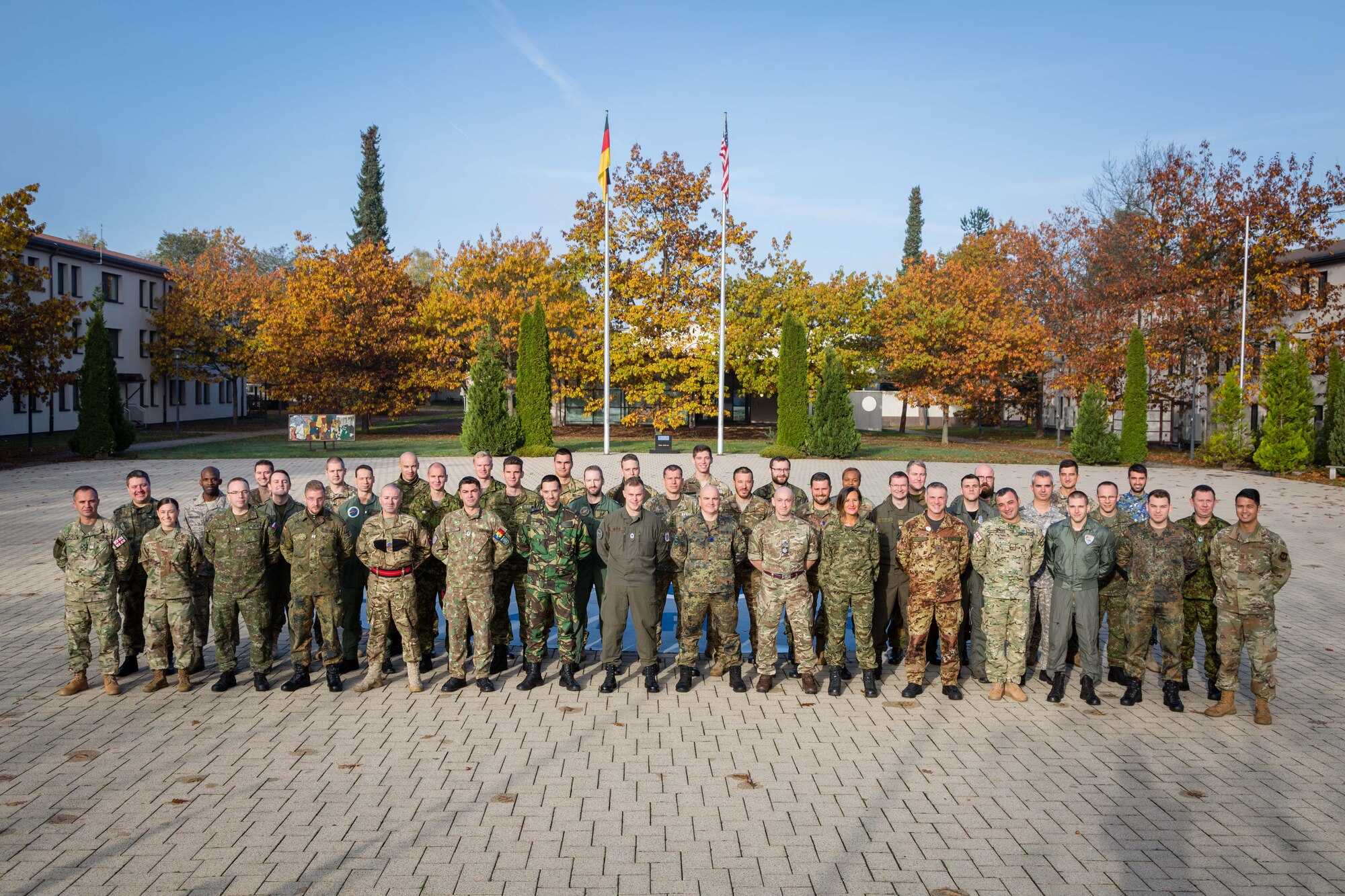 Inter-European Air Forces Academy Class 20A poses for a group photo on Kapaun Air Station, Germany, Oct. 29, 2019. IEAFA’s largest Professional Military Education class to date was composed of 24 officers and 20 enlisted personnel from 21 NATO and Partnership for Peace countries. (Courtesy Photo)