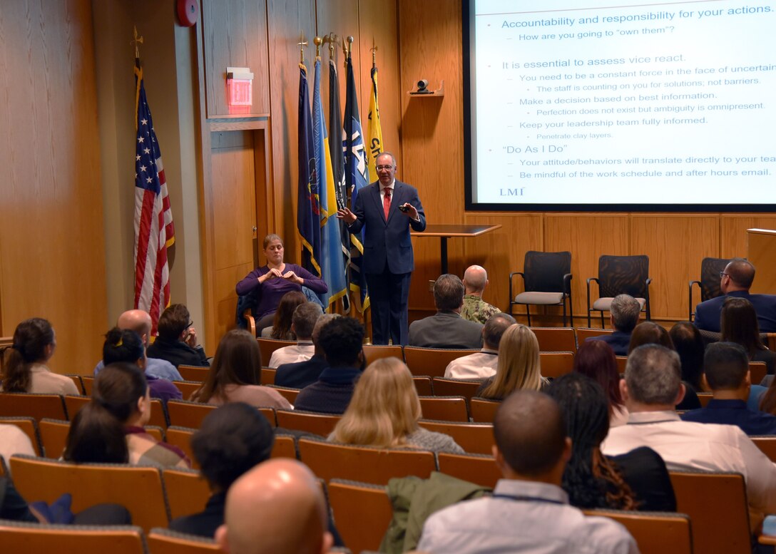Naval Surface Warfare Center, Philadelphia Division (NSWCPD) kicked off the 2020 Leadership and Innovation Speaker Series season with guest speaker Pat Tamburrino Jr on Jan. 23. Tamburrino shared his insights on leadership highlighting the importance for leaders to be a part of the team they lead and to empower the people their team members. (U.S. Navy photo by Kirsten. St. Peter/Released)