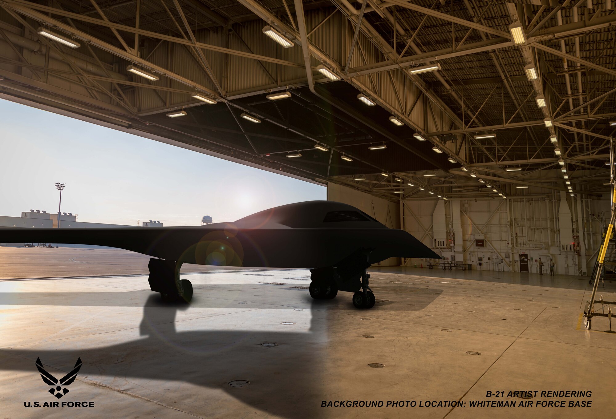 This is an artist rendering of a B-21 Raider concept in a hangar at Whiteman Air Force Base, Mo. Whiteman AFB is one of the bases expected to host the new airframe. (Courtesy graphic by Northrop Grumman)