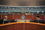 U.S. Navy Adm. Charles “Chas” Richard, commander of U.S. Strategic Command (USSTRATCOM), speaks to his key staff on the battle deck of USSTRATCOM’s command and control facility (C2F) during Exercise Global Lightning 20 at Offutt Air Force Base, Neb., Jan. 30, 2020. Global Lightning is an annual command and control exercise that employs global operations in coordination with other combatant commands, services, U.S. government agencies, and allies to deter, detect and, if necessary, defeat strategic attacks against the United States and its allies. This is the first major exercise USSTRATCOM conducted entirely from the C2F, the command’s newest weapon system that enables it to connect to national leadership, all three legs of the triad, and other platforms key to executing operations.