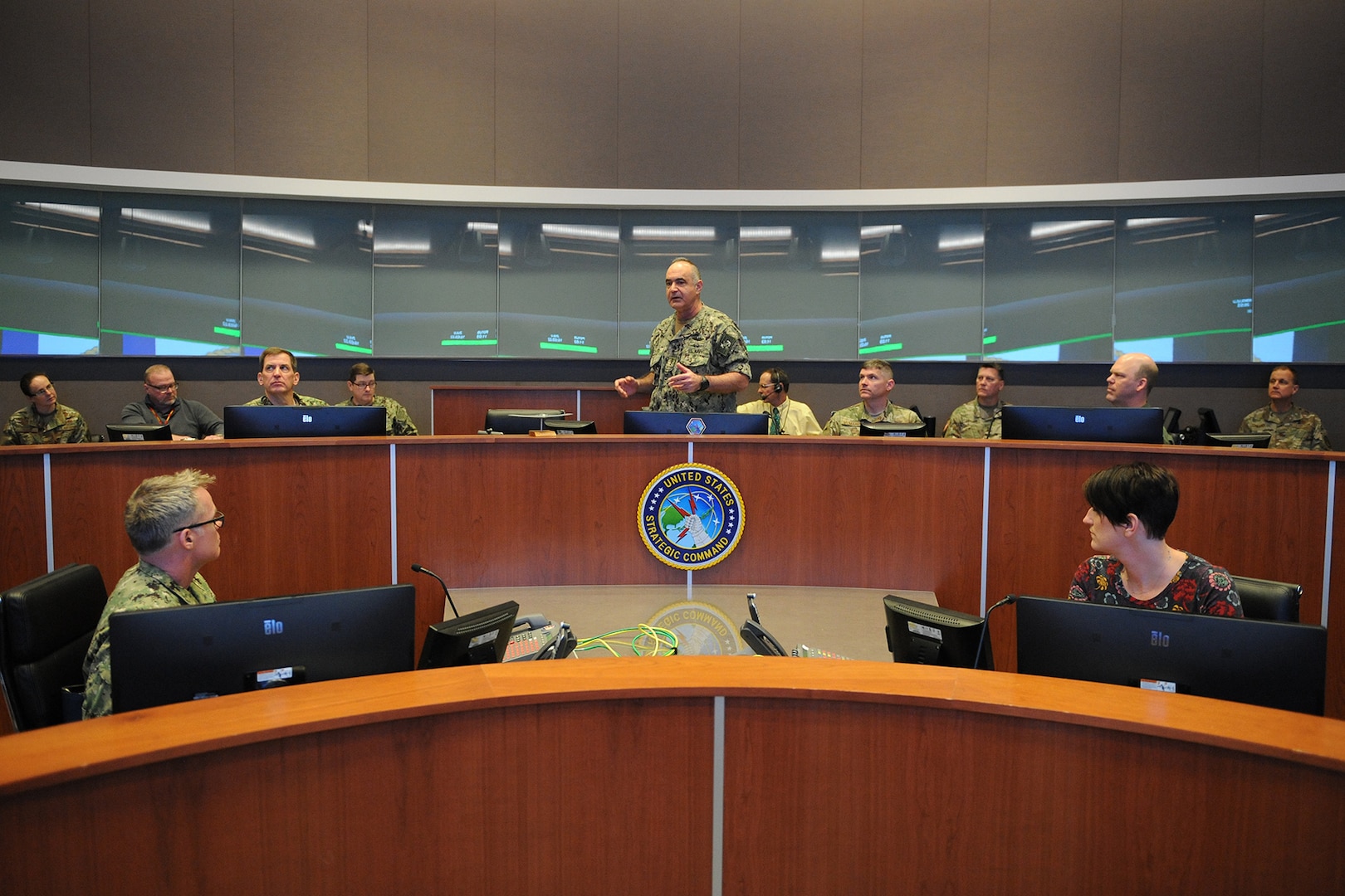 U.S. Navy Adm. Charles “Chas” Richard, commander of U.S. Strategic Command (USSTRATCOM), speaks to his key staff on the battle deck of USSTRATCOM’s command and control facility (C2F) during Exercise Global Lightning 20 at Offutt Air Force Base, Neb., Jan. 30, 2020. Global Lightning is an annual command and control exercise that employs global operations in coordination with other combatant commands, services, U.S. government agencies, and allies to deter, detect and, if necessary, defeat strategic attacks against the United States and its allies. This is the first major exercise USSTRATCOM conducted entirely from the C2F, the command’s newest weapon system that enables it to connect to national leadership, all three legs of the triad, and other platforms key to executing operations.