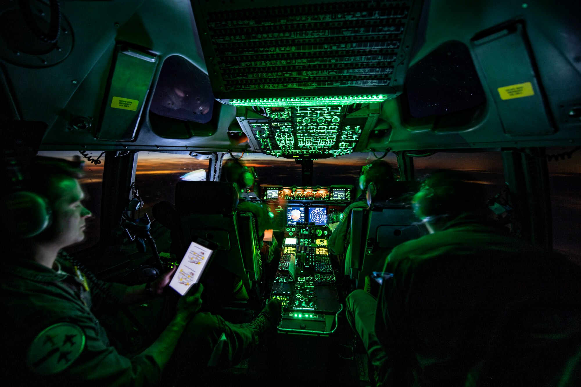 911th Airlift Wing aircrew members fly a plane during a training sortie over Ohio, Jan. 16, 2020. The flight provided vital training for aircrew members including nighttime touch-and-go practice at Wright-Patterson Air Force Base, Ohio