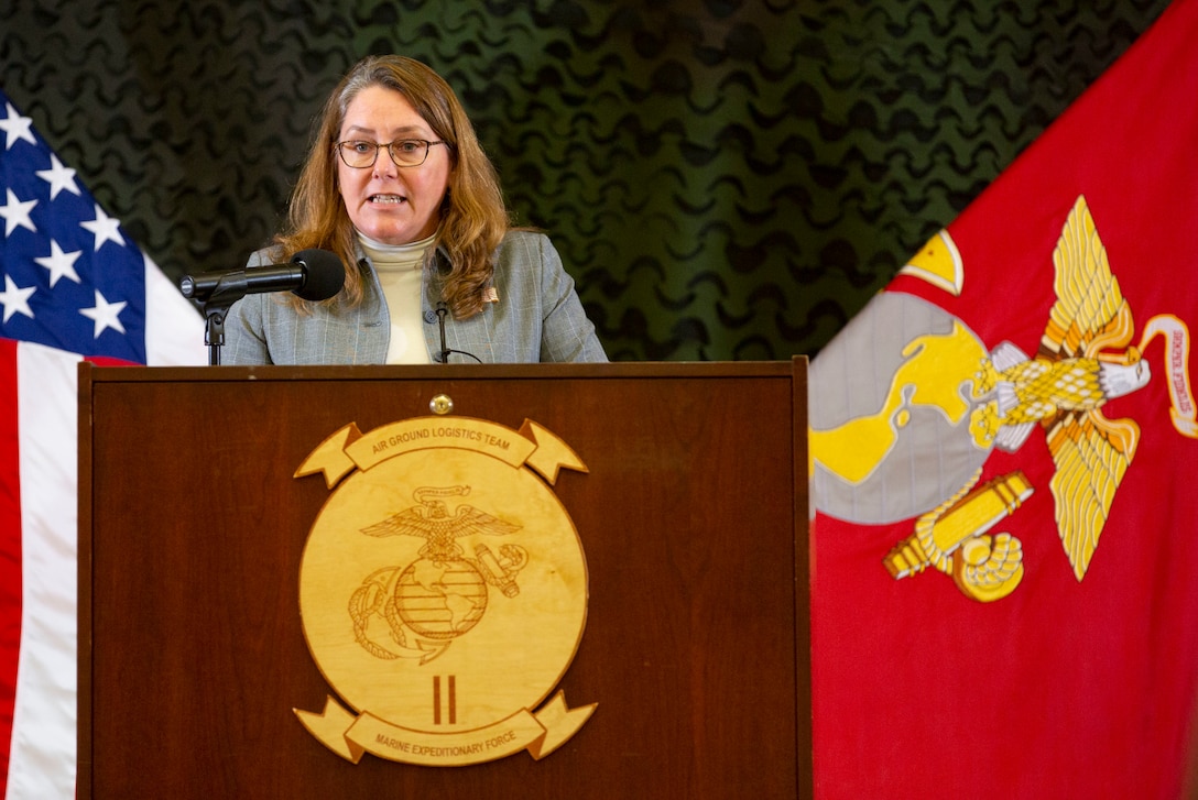 Leah Esper, the spouse of the Secretary of Defense, gives her remarks during a brief with military spouses at Marston Pavilion on MCB Camp Lejeune.