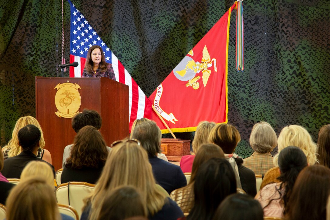 Second Lady, Karen Pence, gives her remarks during a brief with military spouses at Marston Pavilion on Marine Corps Base Camp Lejeune.