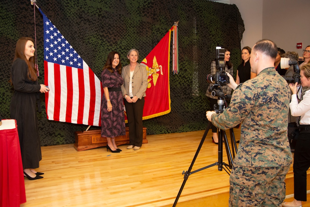 Second Lady, Karen Pence, takes photos with military spouses following a meeting them at Marston Pavilion on Marine Corps Base Camp Lejeune.