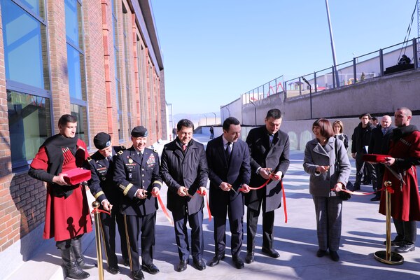 (Left to Right) Chief Surgeon of the US European Command, Brig. Gen. Ronald Stevens. North Atlantic Division Commander Maj. Gen. Jeffrey Milhorn, Speaker of the Parliament Archil Talakvadze, Georgian Ministry of Defense Irakli Gharibashvili, Georgian Prime Minister Giorgi Gakharia, and then-Acting U.S. Ambassador Elizabeth Rood cut the ribbon on the Maro Makashvili Wounded Warrior and Rehabilitation Center Jan. 27. (State Department photo by Aka Simonishvili)