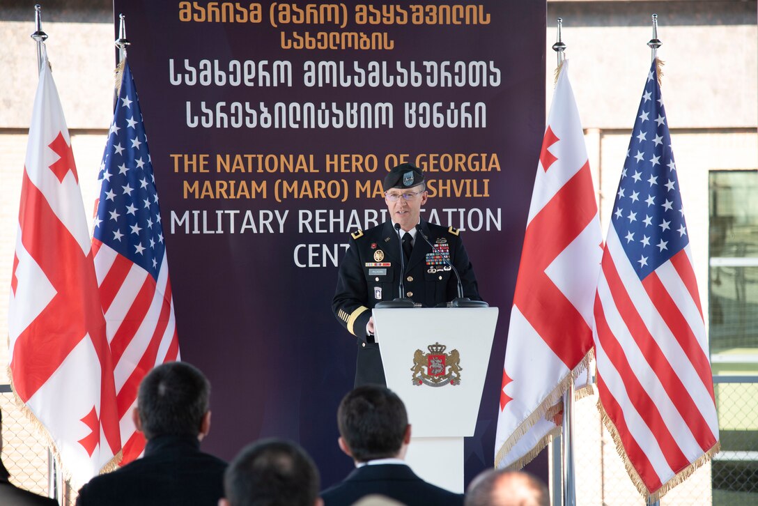 North Atlantic Division Commander Maj. Gen. Milhorn delivers remarks during a ribbon cutting ceremony Jan. 27 for Wounded Warrior and Rehabilitation Center for Georgian soldiers in Tserovani, Georgia. (U.S. Army photo by Chris Augsburger)