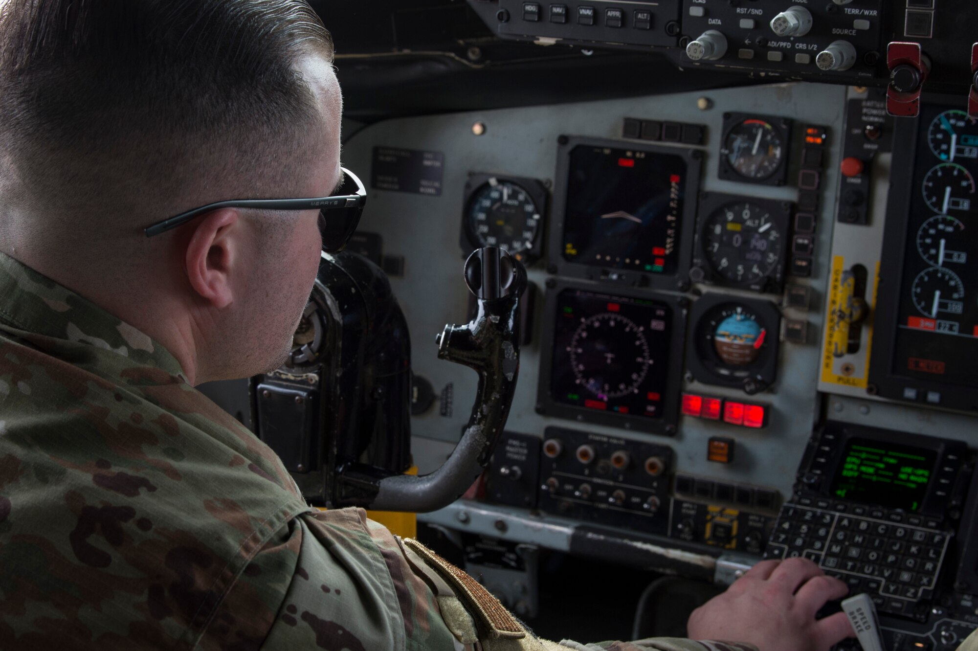 U.S. Air Force Staff Sgt. Robert Argenti, a 6th Aircraft Maintenance Squadron instrument and flight control systems craftsman, inspects the on-board flight control system of a KC-135 Stratotanker, Jan. 23, 2020, at MacDill Air Force Base, Fla. Instrument and flight control systems Airmen inspect, and repair malfunctions in avionics, radar, recording and video display systems.