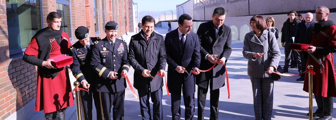 Chief Surgeon of the US European Command, Brig. Gen. Ronald Stevens. North Atlantic Division Commander Maj. Gen. Jeffrey Milhorn, Speaker of the Parliament Archil Talakvadze, Georgian Ministry of Defense Irakli Gharibashvili, Georgian Prime Minister Giorgi Gakharia, and then-Acting U.S. Ambassador Elizabeth Rood cut the ribbon on the Maro Makashvili Wounded Warrior Rehabilitation Center Jan. 27