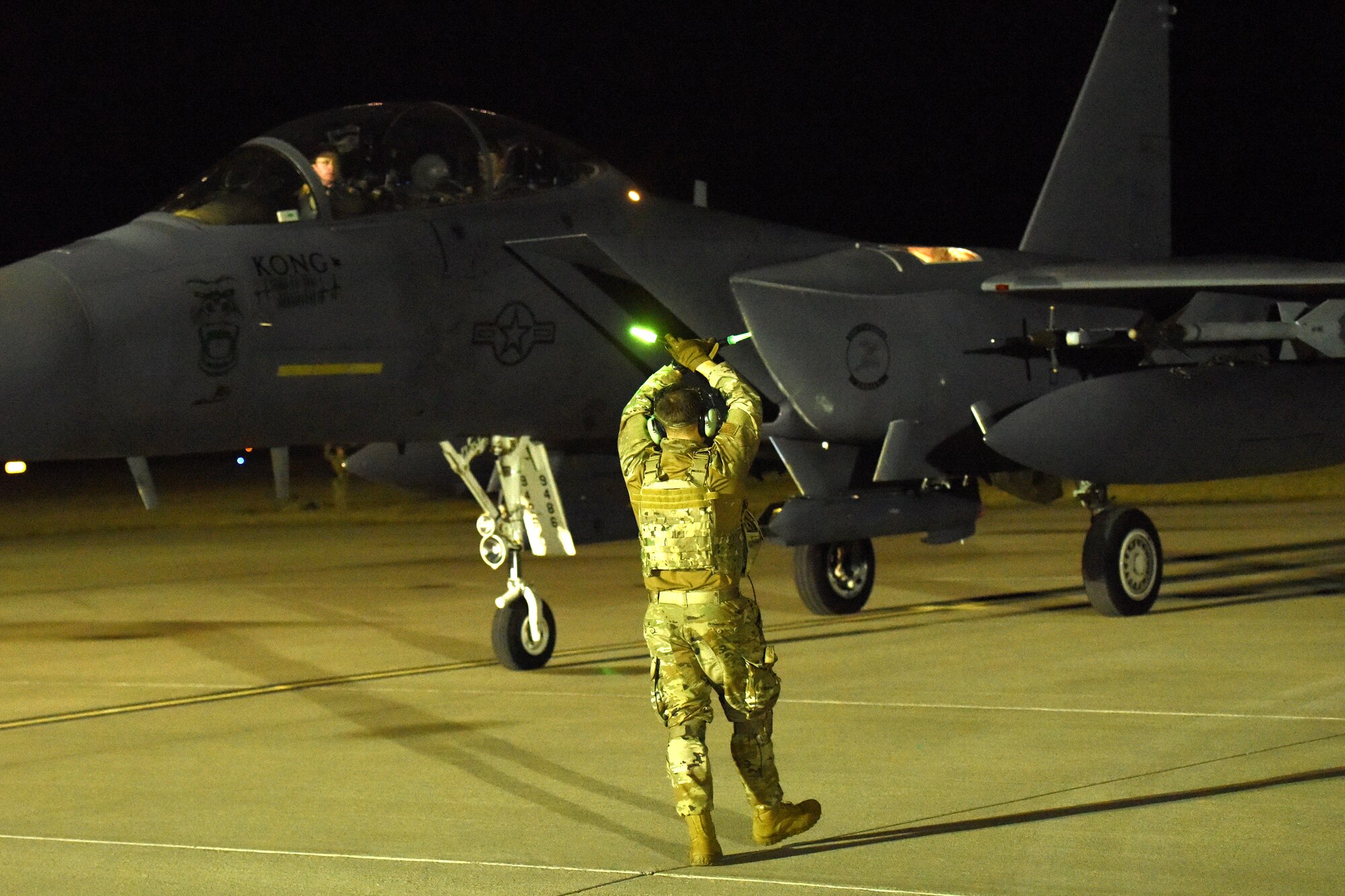 Multi-functional Airmen and F-15E Strike Eagle fighter jets from the 4th Fighter Wing at Seymour Johnson Air Force Base, N.C., execute integrated combat turns during the exercise.