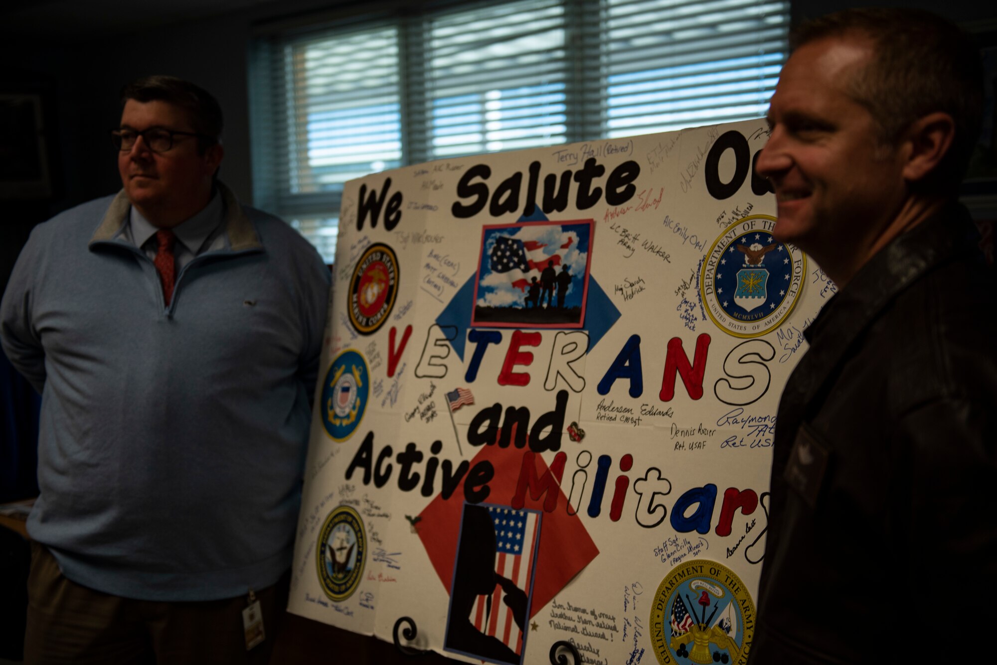 U.S. Air Force Col. Brian S. Laidlaw, 325th Fighter Wing commander, right, visited three special purpose schools in Bay County, Panama City, Florida, Jan. 29, 2020. Laidlaw toured multiple classrooms and functional areas to gain perspective on what accommodations are available to military families enrolled in the Exceptional Family Member Program. (U.S. Air Force photo by Staff Sgt. Magen M. Reeves)