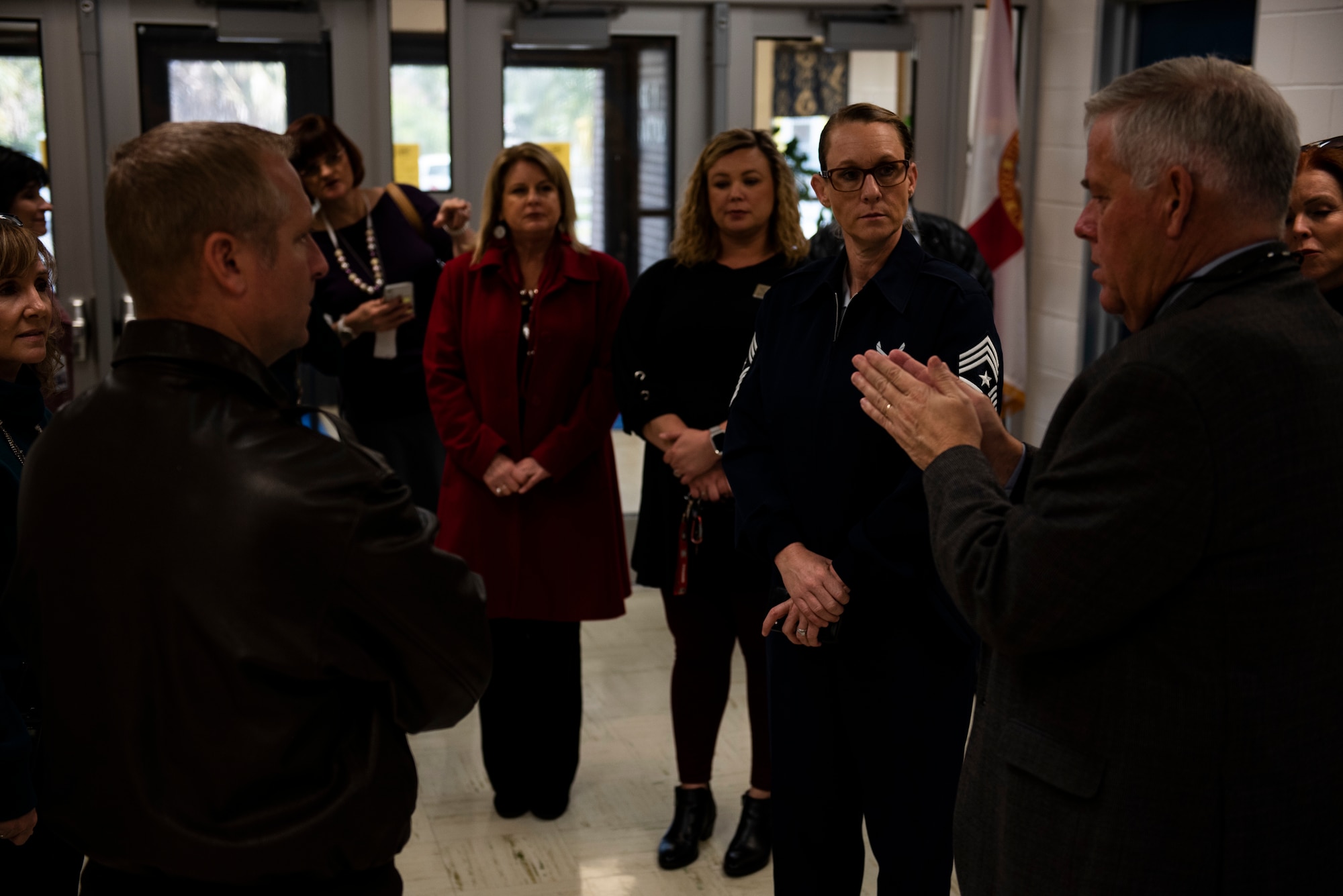 U.S. Air Force Col. Brian S. Laidlaw, 325th Fighter Wing commander, left, and U.S. Air Force CMSgt Kati Grabham, 325th FW command chief, right, visited three special purpose schools in Bay County, Panama City, Florida, Jan. 29, 2020. Laidlaw and Grabham toured multiple classrooms and functional areas to gain perspective on what accommodations are available to military families enrolled in the Exceptional Family Member Program. (U.S. Air Force photo by Staff Sgt. Magen M. Reeves)