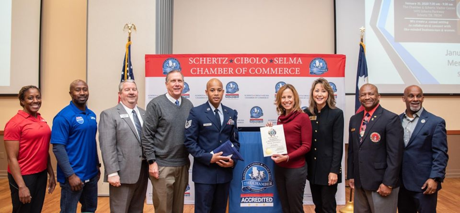 Tech. Sgt. Derius Jackson, 12th Training Squadron flight chief, was recognized as the "Hidden Hero" for January by the Schertz, Cibolo, Selma, Chamber of Commerce Military Affairs Committee Jan. 21 at the Schertz monthly Chamber luncheon. Jackson has volunteered his time with the Habitat for Humanity and the San Antonio Food Bank helping provide more than 2,000 meals for children in the community. In addition to his volunteering Jackson also served as the president of the Randolph 5/6 organization.