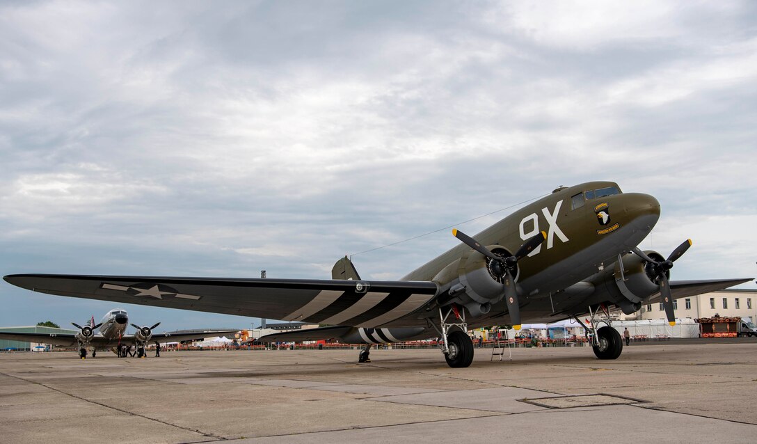 A C-47 Skytrain rests on the flightline at Clay Kaserne, Germany, for the 70th anniversary of the Berlin Airlift, June 9, 2019.