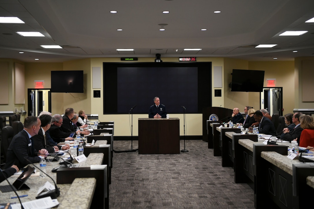 U.S. Air Force Chief of Staff Gen. David L. Goldfein delivers a State of the Air Force brief during the Air Force Civic Leader Conference at Joint Base Andrews, Md., Jan. 30, 2020.  The civic leaders are part of an Air Staff-level program, and members are comprised of community leaders selected by the Air Force major commands, National Guard Bureau and Headquarters Air Force. (U.S. Air Force Photo by Airman 1st Class Spencer Slocum)