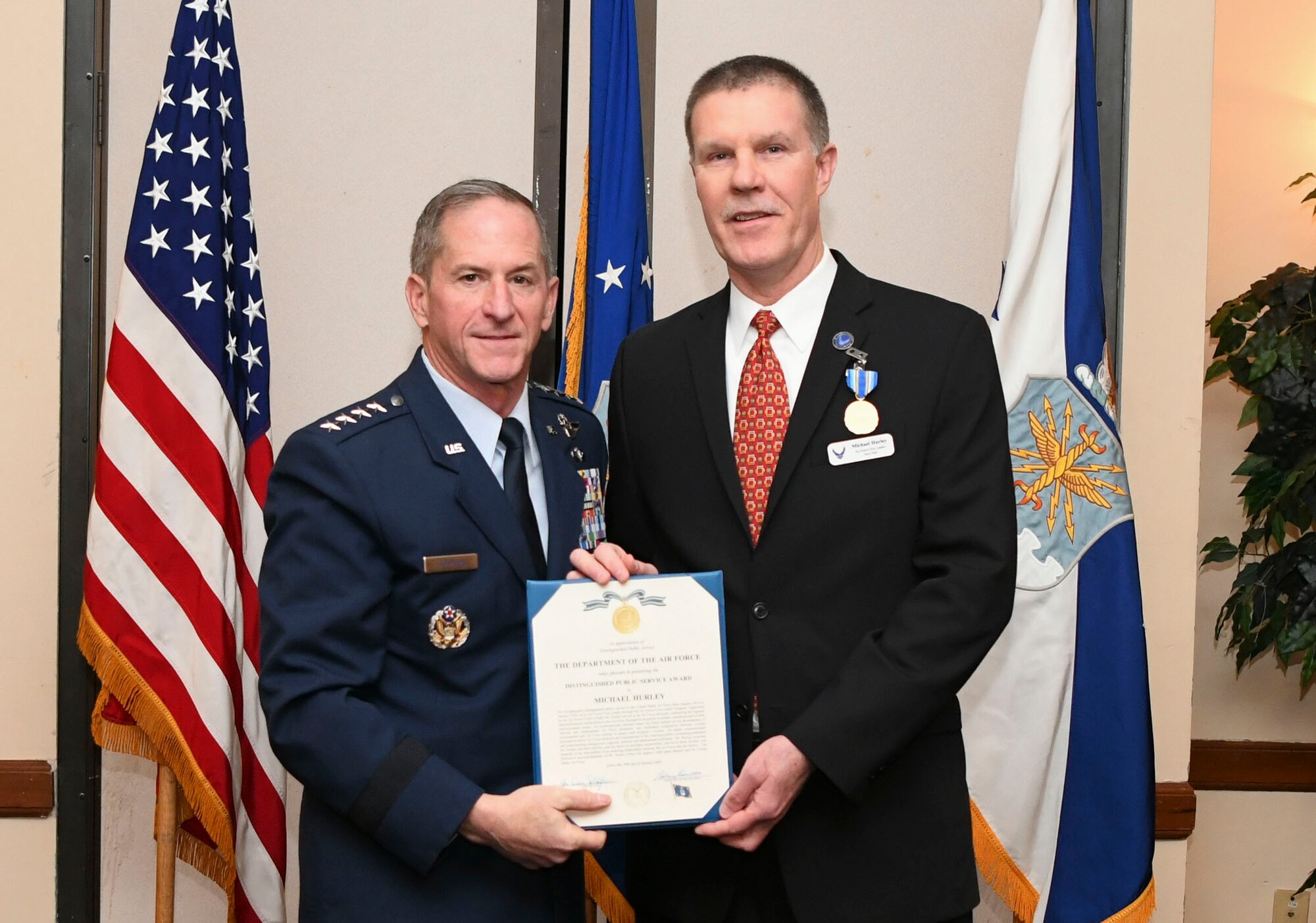 U.S. Air Force Chief of Staff Gen. David L. Goldfein presents the Distinguished Public Service Award to Mr. Michael Hurley during the Air Force Civic Leader Conference at Joint Base Andrews, Md., Jan. 30, 2020. Civic leaders are unpaid advisors, key communicators and advocates for Department of the Air Force issues. (U.S. Air Force Photo by Airman 1st Class Spencer Slocum)