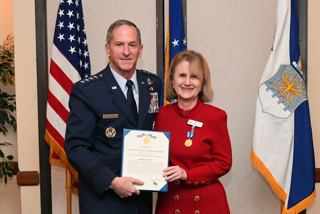 U.S. Air Force Chief of Staff Gen. David L. Goldfein presents the Distinguished Public Service Award to Dr. Rhoda Weiss during the Air Force Civic Leader Conference at Joint Base Andrews, Md., Jan. 30, 2020. Civic leaders serve as advisors and key communicators for the Department of the Air Force issues. (U.S. Air Force Photo by Airman 1st Class Spencer Slocum)