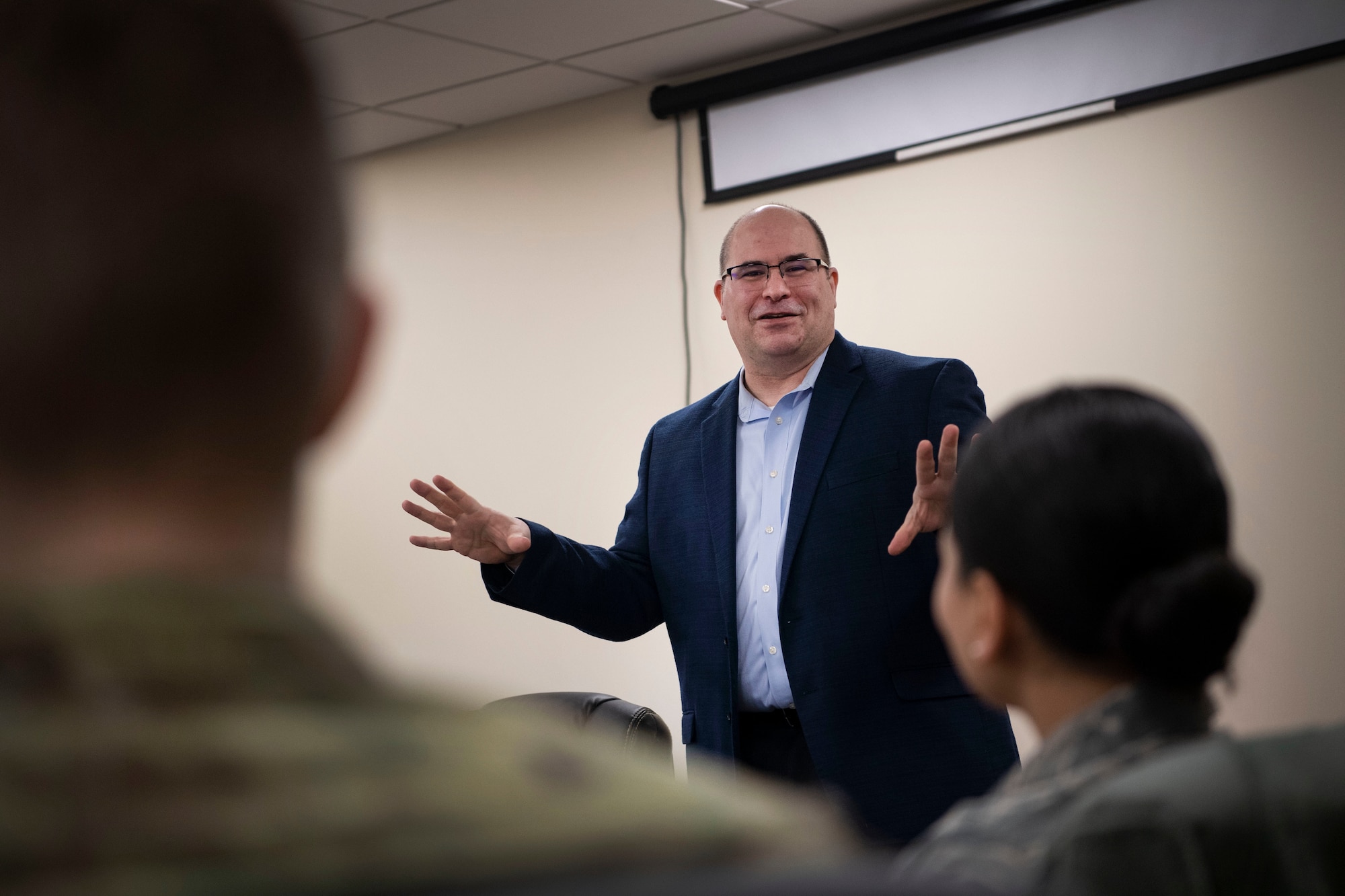 John Levitow Jr., son of Medal of Honor recipient Sgt. John Levitow, speaks to Airman Leadership School students at Hanscom Air Force Base, Mass., Jan. 31. Levitow discussed his father’s legacy and the importance of continuous education. (U.S. Air Force photo by Lauren Russell)