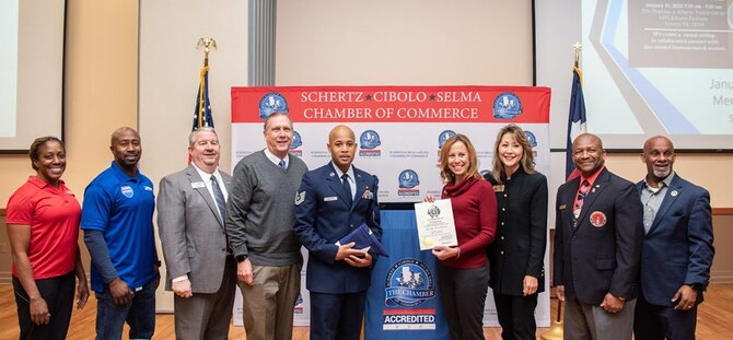 Tech. Sgt. Derius Jackson, 12th Training Squadron flight chief, was recognized as the "Hidden Hero" for January by the Schertz, Cibolo, Selma, Chamber of Commerce Military Affairs Committee Jan. 21 at the Schertz monthly Chamber luncheon. Jackson has volunteered his time with the Habitat for Humanity and the San Antonio Food Bank helping provide more than 2,000 meals for children in the community. In addition to his volunteering Jackson also served as the president of the Randolph 5/6 organization.