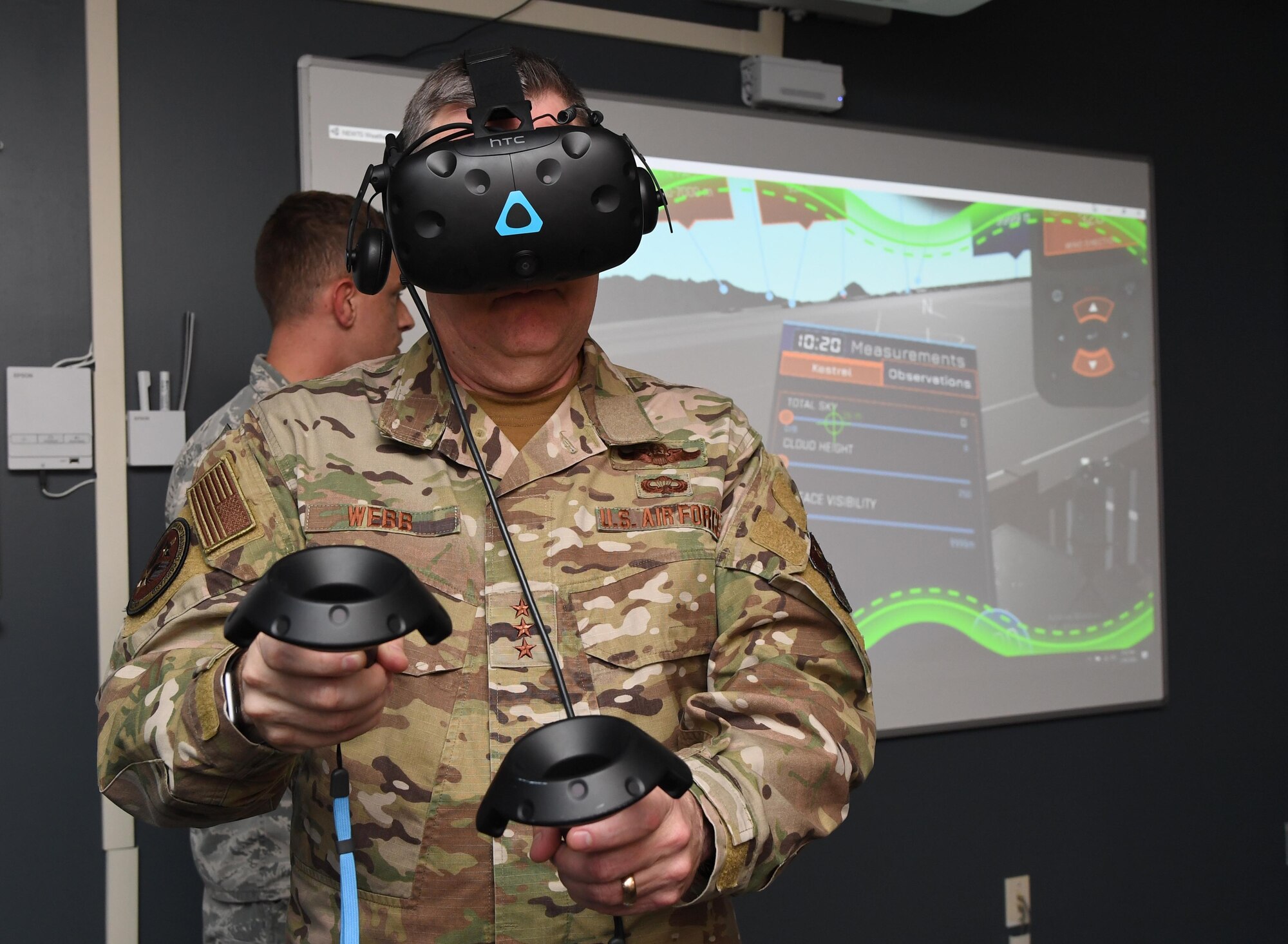 U.S. Air Force Lt. Gen. Brad Webb, commander of Air Education and Training Command, participates in a 335th Training Squadron weather course virtual reality demonstration during an immersion tour inside the Joint Weather Training Facility at Keesler Air Force Base, Mississippi, Jan. 30, 2020. The AETC command team visited Keesler in order to become more familiar with the mission capabilities of the 81st Training Wing and to view the paradigm shift occurring in the training environment within the 81st Training Group. (U.S. Air Force photo by Kemberly Groue)