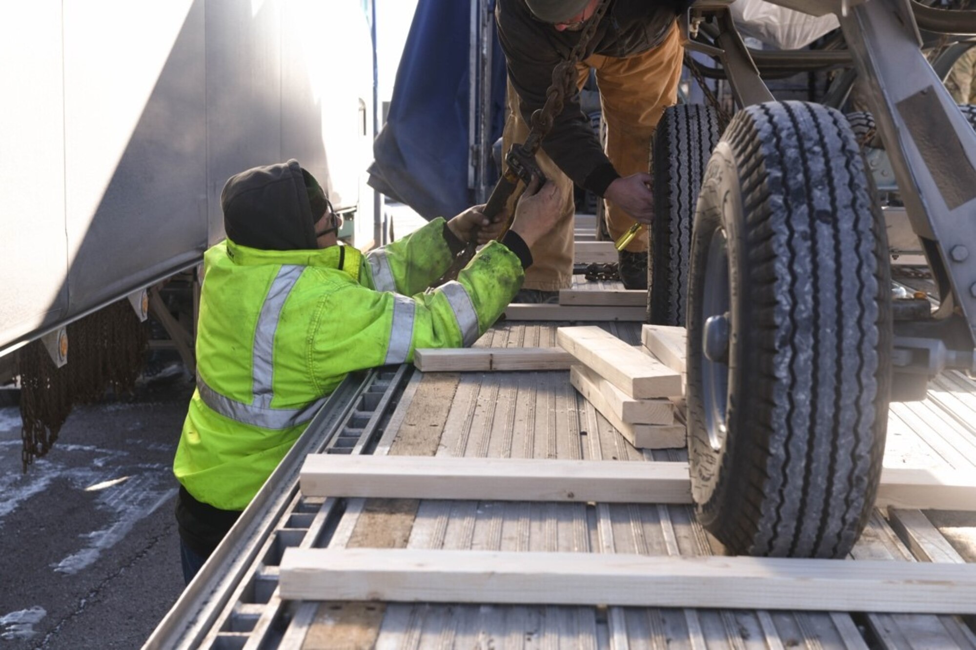 Members from the 28th Logistics Readiness Squadron prepare to transport a Joint Air-to-Surface Standoff Missile, or JASSM, at Ellsworth Air Force Base, S.D., Jan. 16, 2020, in preparation for an exercise. The JASSM has an operational range of over 230 miles. (U.S. Air Force photo by Senior Airman Michael Jones)