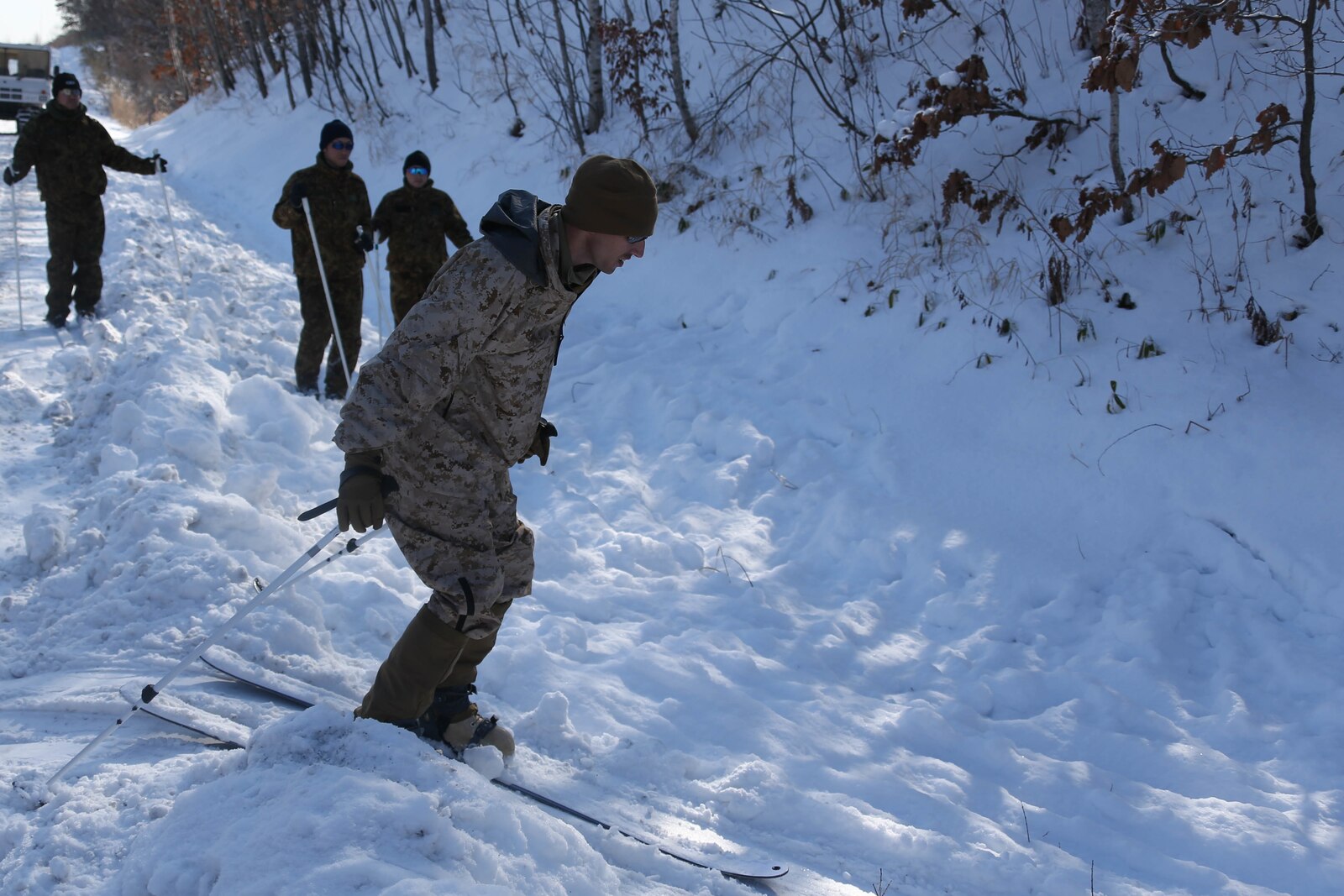 A U.S. Marine with 2nd Battalion, 3rd Marine Regiment, 3rd Marine Division, practices skiing at Hokkudaien Training Area, Hokkaido, Japan, Jan. 23, 2020. Northern Viper is a regularly scheduled training exercise that is designed to enhance the interoperability of the U.S. and Japan Alliance by allowing infantry units to maintain their lethality and proficiency in infantry and combined arms tactics. (U.S. Marine Corps Photo By Lance Cpl. Dylan Hess)