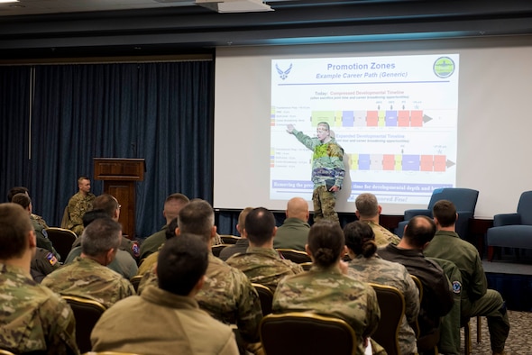 U.S. Air Force Col. Derek Salmi, 92nd Air Refueling Wing commander, addresses attendees of an officer's all-call at Fairchild Air Force Base, Washington, Jan. 28, 2020. Topics discussed during the all-call included developmental category configuration for different core specialties, promotion zones, promotion recommendation forms and annual officer performance reports. (U.S. Air Force photo by Senior Airman Lawrence Sena)