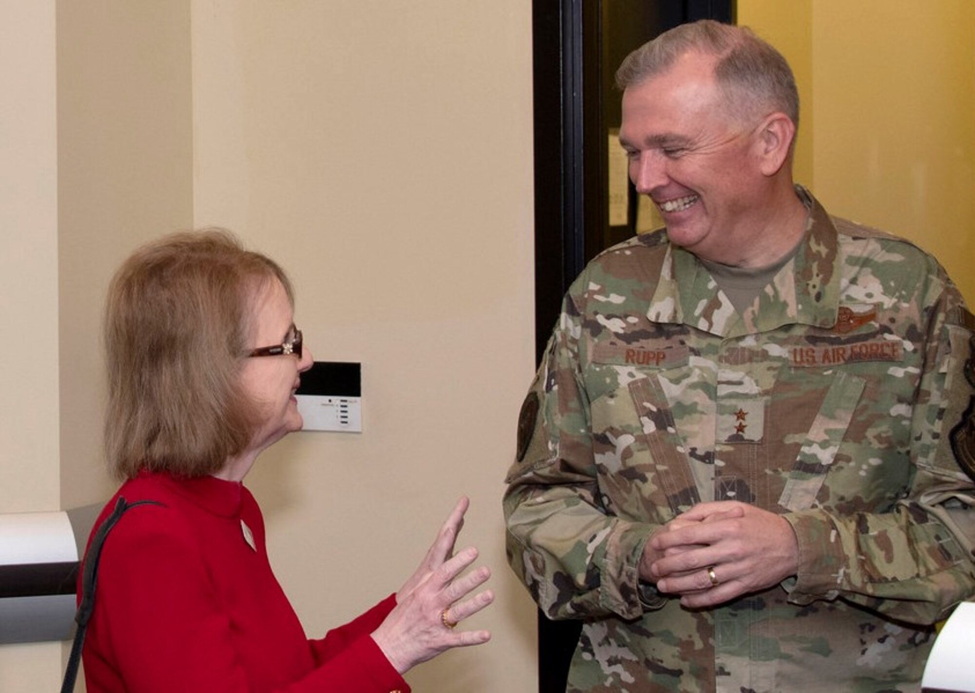 Innovator and strategic communicator Rhoda Weiss, president and founder of Rhoda Weiss Consulting Group, shares a laugh with Air Force District of Washington Commander Maj. Gen. Ricky N. Rupp during the Department of the Air Force Civic Leader Annual Conference. Key communicators and advocates for the Department of the Air Force gathered for the three-day event Jan. 28-30 to gain a strategic perspective on key Air and Space Forces issues. The conference is designed to create avenues for civic leaders to share best practices as partners and advisors with the service's senior leaders. (U.S. Air Force photo/Senior Airman Jalene A. Brooks)