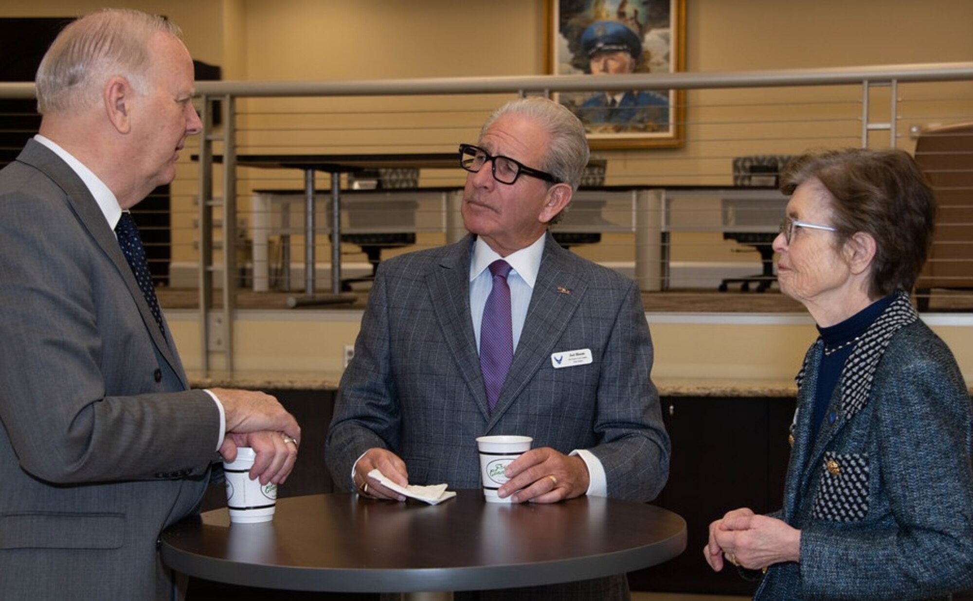Kjell Bergh, Borton Volvo Cars and Borton Overseas chairman and chief executive officer; Dr. Joel Bloom, New Jersey Institute of Technology president; and Kay Yeager, Chairman of the Board of Commerce and Industry, Wichita Falls, Texas, and Sheppard Air Force Base Committee, chat during a break at the Department of the Air Force Civic Leader Annual Conference. Key communicators and advocates for the Department of the Air Force gathered for the three-day event Jan. 28-30 to gain a strategic perspective on key Air and Space Forces issues. The conference is designed to create avenues for the civic leaders to share best practices as partners and advisors with the service's senior leaders. (U.S. Air Force photo/Senior Airman Jalene A. Brooks)