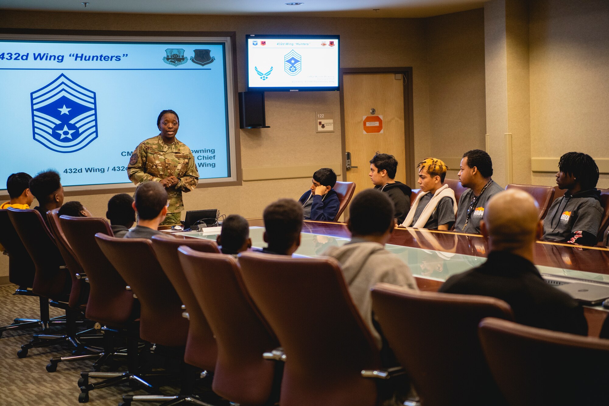 Chief Master Sgt. Michelle Browning, 432nd Wing/432nd Air Expeditionary Wing command chief, mentors Iron Sharpens Iron Mentoring youth during their visit to Creech Air Force Base, Nevada, Jan. 25, 2020