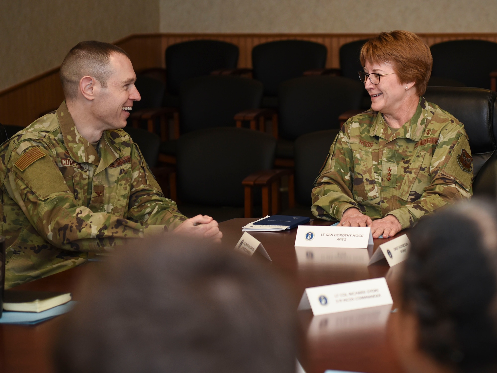 Col. Jonathon Compton, left, 319th Medical Group commander, and Lt. Gen. Dorothy A. Hogg, Air Force Surgeon General, discuss mission focus at Grand Forks Air Force Base, N.D., Jan. 27, 2020. Compton discussed 319th MDG mission priorities, day-to-day facility operations, and suggestions for training and facility improvements. (U.S. Air Force photo by Senior Airman Melody Howley)