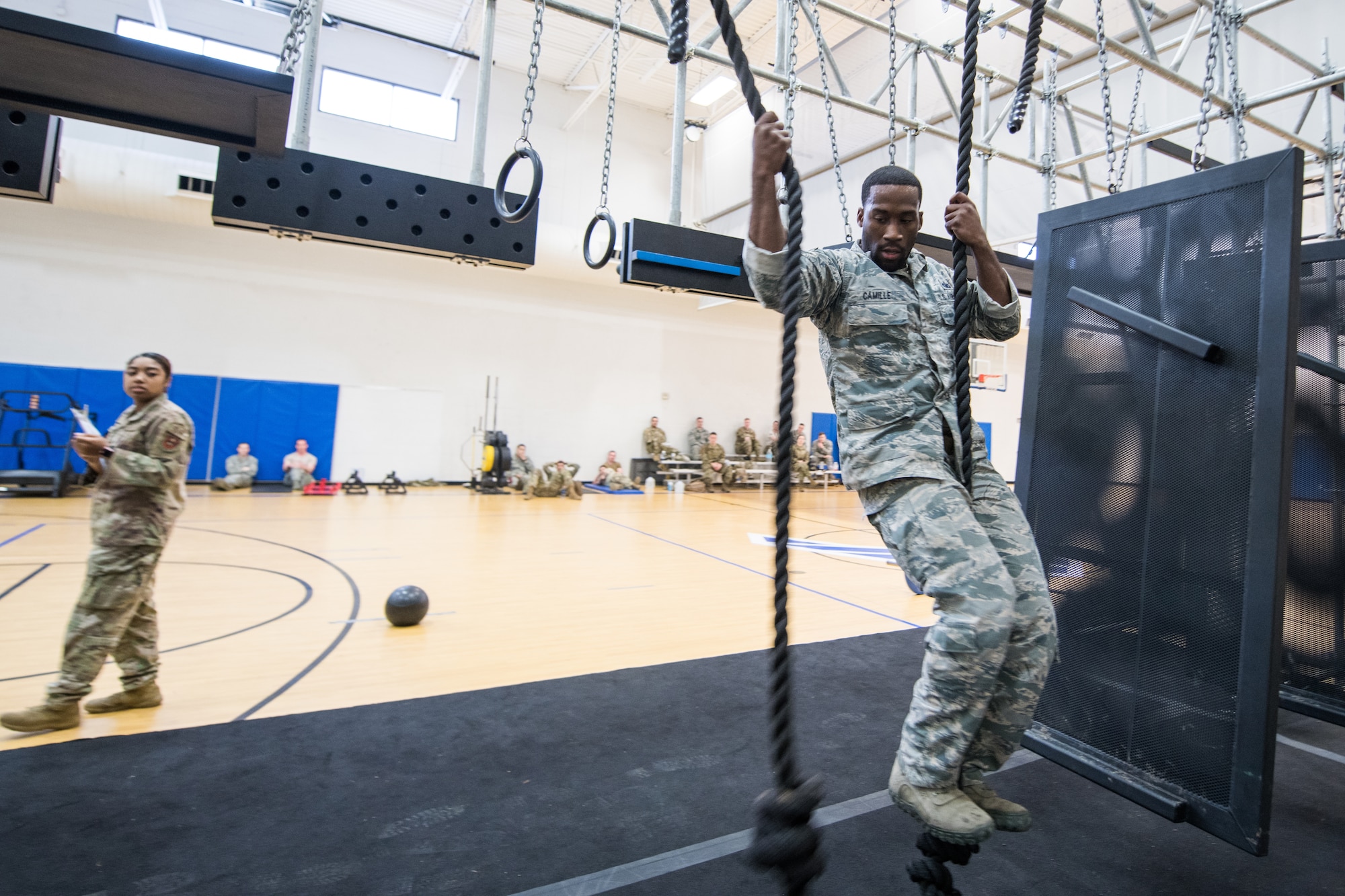 U.S. Air Force Staff Sgt. Isreael Camille, 37th Training Support Squadron, Joint Base San Antonio-Lackland, takes part in the alpha warrior portion of the Air Education and Training Command Defender Challenge team tryout at Joint Base San Antonio-Medina Annex, Texas, Jan. 28, 2020. The five-day selection camp includes a physical fitness test, M-9 and M-4 weapons firing, the alpha warrior obstacle course, a ruck march and also includes a military working dog tryout as well. A total of 27 Airmen, including five MWD handlers and their canine partners, were invited to tryout for the team. The seven selectees to the AETC team will represent the First Command at the career field’s world-wide competition that will be held at JBSA-Camp Bullis in May 2020. (U.S. Air Force photo by Sarayuth Pinthong)