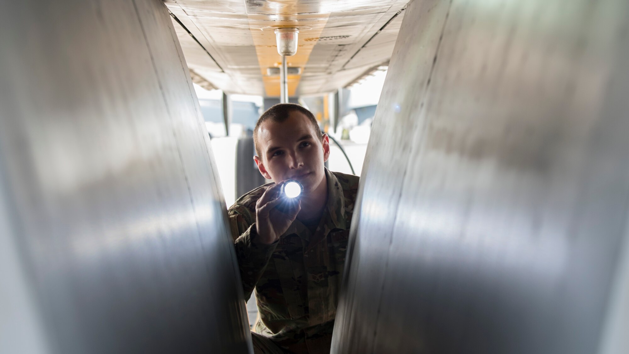 U.S. Air Force Senior Airman Clayton Collier, a 6th Aircraft Maintenance Squadron (AMXS) crew chief, inspects landing gear systems, on a KC-135 Stratotanker, Jan. 23, 2020, at MacDill Air Force Base, Fla. In 2019, the 6th AMXS supported over 5,000 flight hours and 965 sorties.