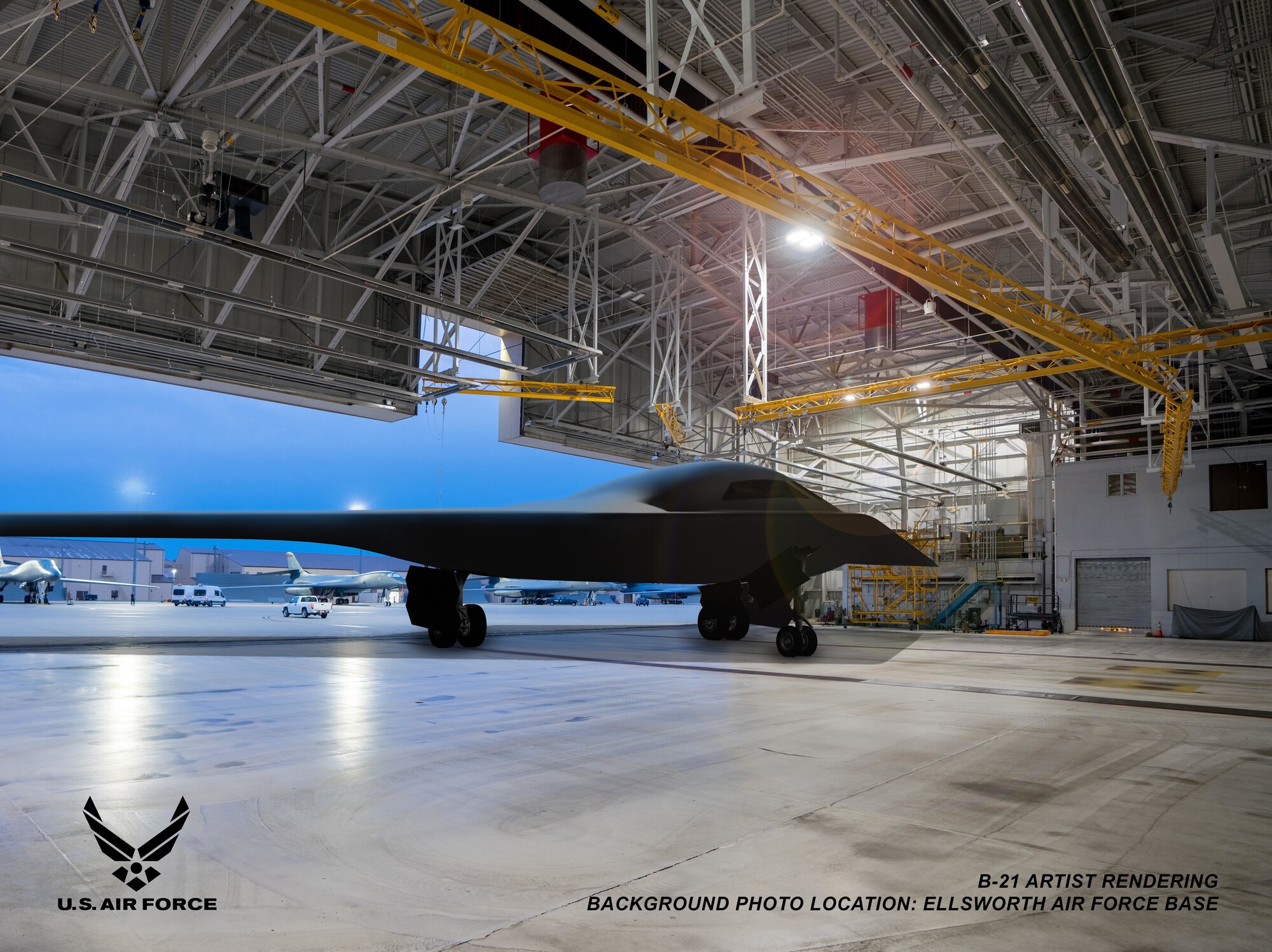 This is an artist rendering of a B-21 Raider concept in a hangar at Ellsworth Air Force Base, S.D. Ellsworth AFB is one of the bases expected to host the new airframe. (Courtesy graphic by Northrop Grumman)