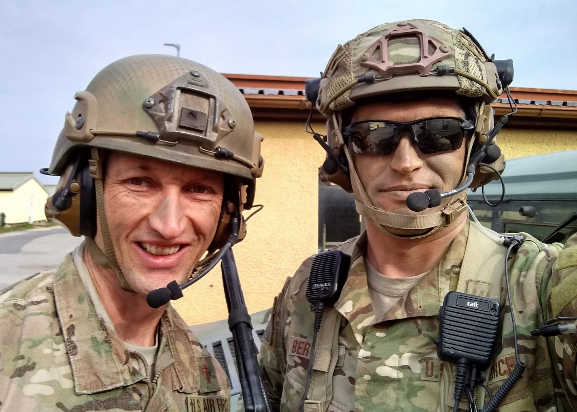 U.S. Air Force Chaplain (Maj.) Mark Hunsinger, 435th Air Expeditionary Wing and 435th Air Ground Operations Wing chaplain, poses for a photo with a Tactical Air Control Party Airman. Hunsinger earned the 2019 Military Chaplains Association Distinguished Service Award, which is presented to one chaplain from each branch of service every year for exemplifying the highest standards of the military and the Chaplain Corps (Courtesy Photo)