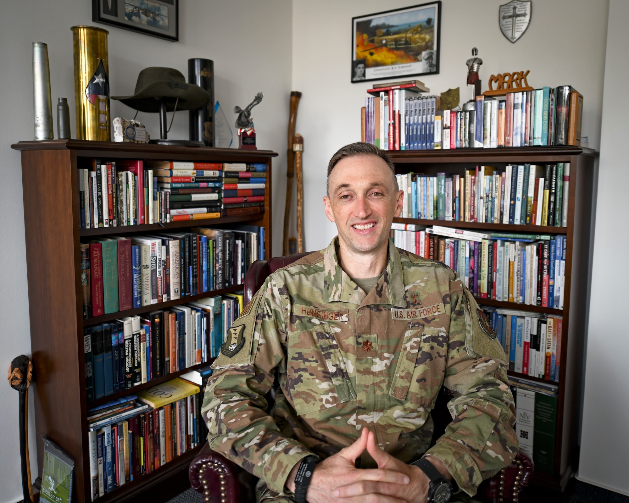 U.S. Air Force Chaplain (Maj.) Mark Hunsinger, 435th Air Expeditionary Wing and 435th Air Ground Operations Wing chaplain, smiles for a photo after earning the 2019 Military Chaplains Association Distinguished Service Award at Ramstein Air Base, Germany, June 30, 2020. The award is presented to one chaplain from each branch of service every year for exemplifying the highest standards of the military and the Chaplain Corps. (U.S. Air Force photo by Airman 1st Class Madeline Herzog)