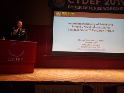 Col. Jeff Erickson, The Army Cyber Institute at West Point Chief of Staff, gives a keynote presentation on building #cyber resiliency of public and private infrastructure at Cyber Defense Workshop Halfway Across the World - (CYDEF) in Tokyo, Japan. The workshop brought together multi-national partners to address the theme of ‘Assessing National Risk and Establishing Multi-Stakeholder Cooperation in Cyber Defense.