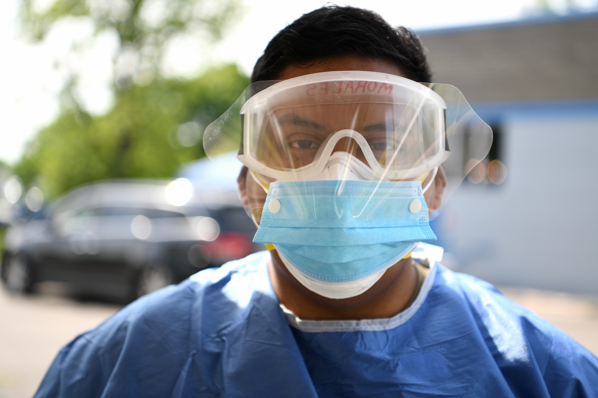 Staff Sgt. Luis Morales, a dental technician assigned to the 178th Medical Group, poses for a photo June 17, 2020 at Community Building Institute in Middletown, Ohio. Airmen from the 178th Wing and Soldiers assigned to the Ohio National Guard augmented staff members of Centerpoint Health to help with drive-thru Coronavirus testing of local community members. (U.S. Air National Guard photo by Staff Sgt. Amber Mullen)