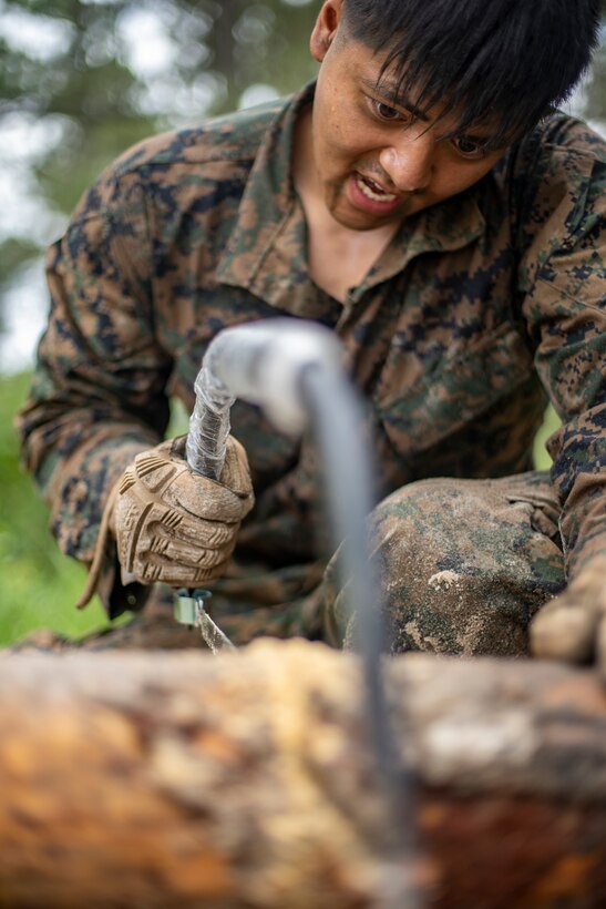 Sgt. Brian Pham, a combat engineer with Special Purpose Marine Air-Ground Task Force - Southern Command, saws a tree log in half during a field exercise at Camp Lejeune, North Carolina, June 9, 2020. The FEX provides the Marines and Sailors the opportunity to stay proficient with their equipment and refine their tactical skill sets. SPMAGTF-SC is poised to conduct crisis response, general engineering training and theater security cooperations alongside partner nation militaries in Latin America and the Caribbean. Pham is a native of Beaverton, Oregon. (U.S. Marine Corps photo by Sgt. Andy O. Martinez)