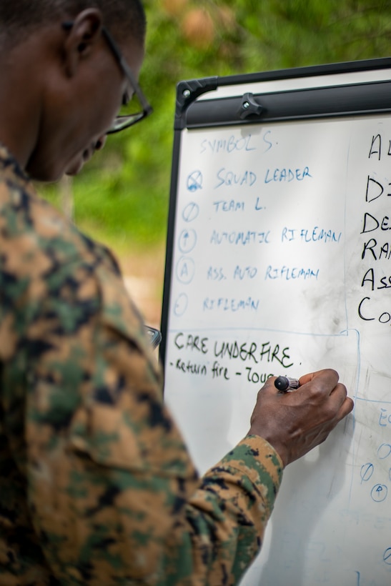 Navy Petty Officer 2nd Class Olayinka Awoku, a hospital corpsman with Special Purpose Marine Air-Ground Task Force - Southern Command, writes information on a white board for a class during a field exercise at Camp Lejeune, North Carolina, June 9, 2020. The FEX provides the Marines and Sailors and Sailors the opportunity to stay proficient with their equipment and refine their tactical skill sets. SPMAGTF-SC is poised to conduct crisis response, general engineering training and theater security cooperations alongside partner nation militaries in Latin America and the Caribbean. Awoku is a native of Jacksonville, Florida. (U.S. Marine Corps photo by Sgt. Andy O. Martinez)